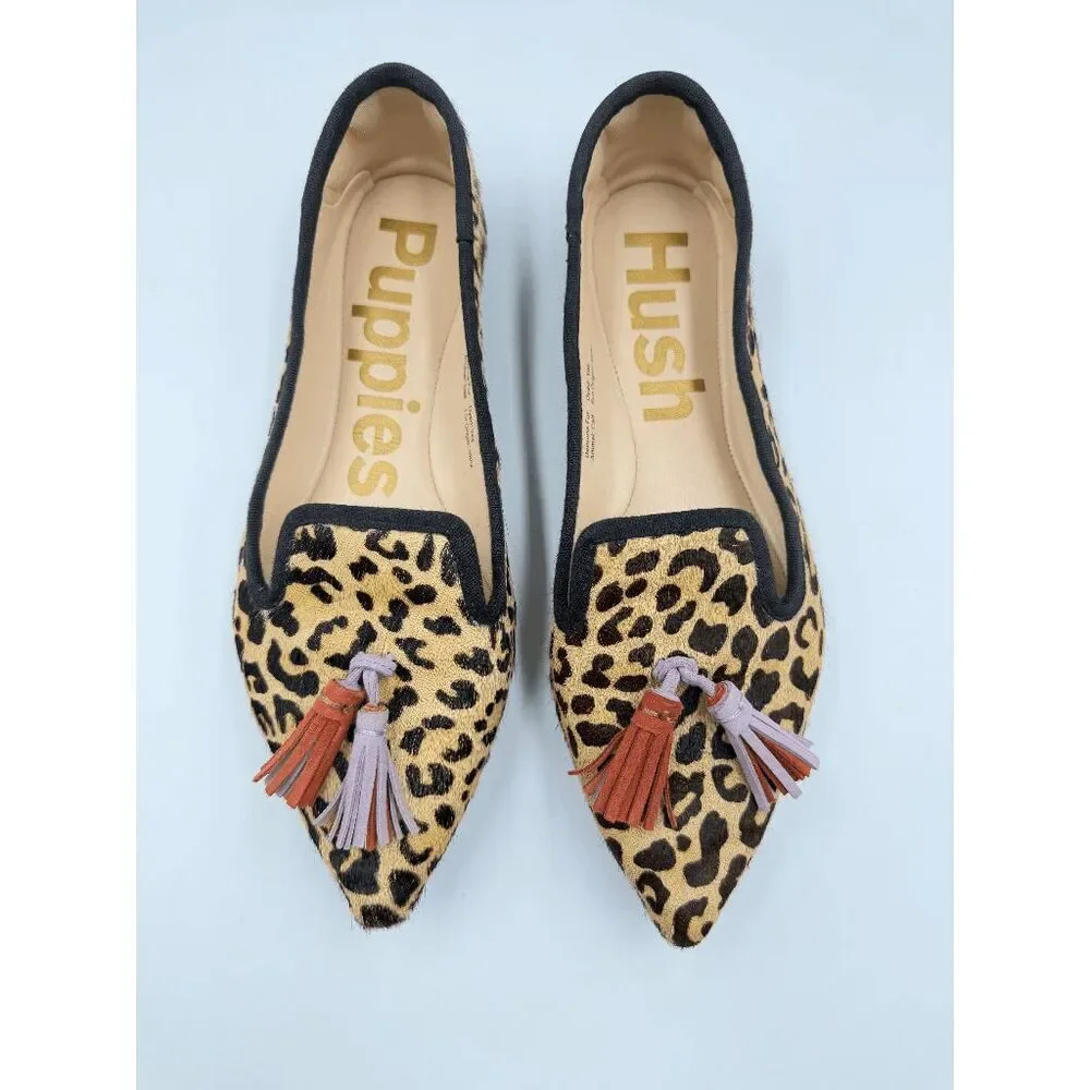 Hush Puppies Sadie Leopard Calf Hair Tassel Loafers Women 6.5 Animal Print Flats